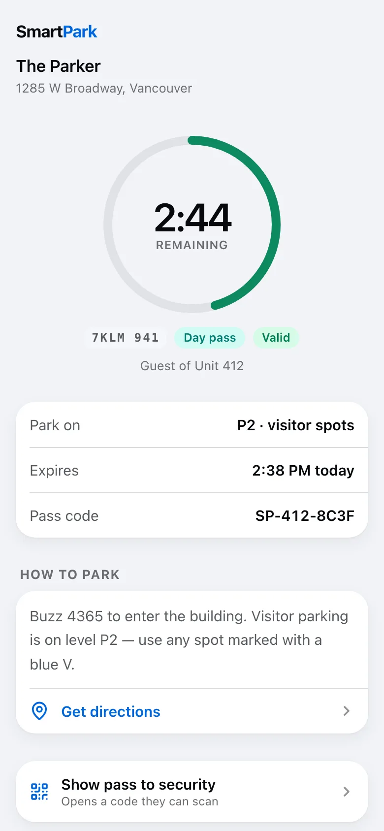 A guest's pass page with a countdown ring.