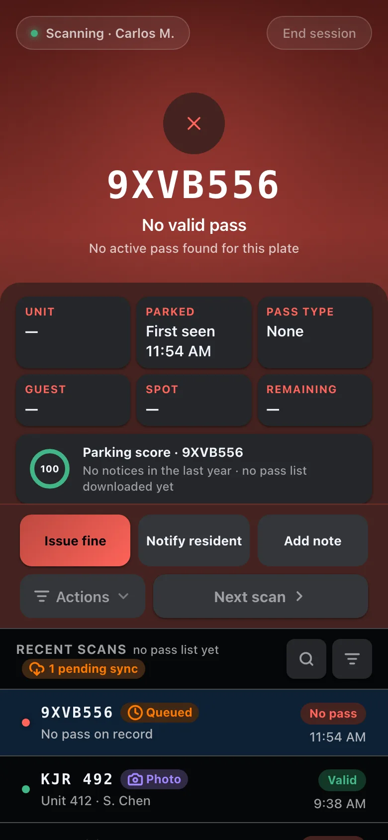 The patrol scanner showing a plate with no valid pass.