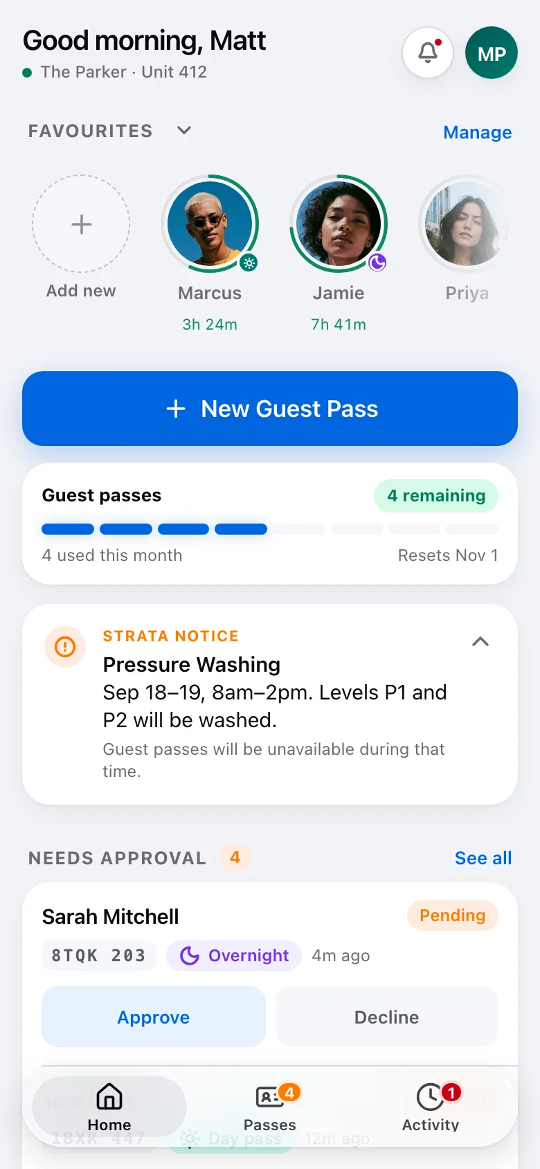 The SmartPark resident home screen.